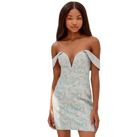 Lulus Favorite Song Aqua/Pink Floral Jacquard Off-the-Shoulder Mini Dress, Size - Picture 1 of 9